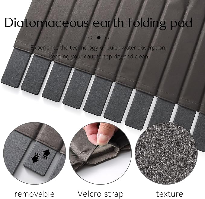 JUKER Large Stone Dish Drying Mat 24 x 16 Inches Dark Gray Kitchen Pad | Removable PU leather cover, glue-free core, foldable quick dry, multi-use kitchen & pet drying pad