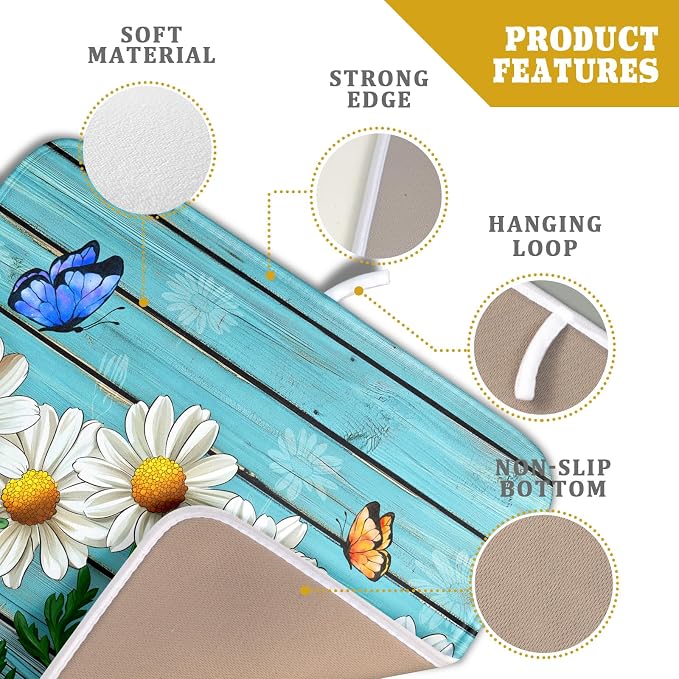 Daisy Dish Drying Mat for Kitchen Counter 16x18in Turquoise Daisy Old Wooden Board Kitchen Mat Absorbent Reversible Microfiber Dishes Pad Fast Drying Dish Drainer Mats for Countertop