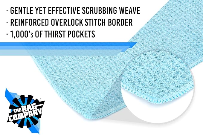 The Rag Company - Standard Waffle Weave Towels, Microfiber Detailing, Window/Glass and Drying, Wax & Polish, Lint-Free, Streak-Free, 370gsm, 16in x 16in, Light Blue (6-Pack)