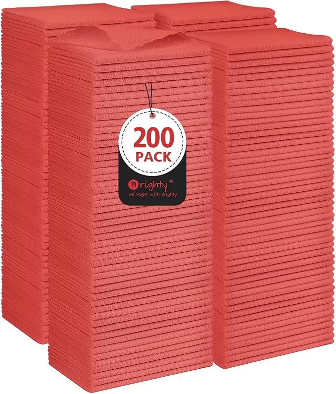 Orighty Microfiber Cleaning Cloth Bulk, 200 Pack, 11.5x11.5 inch, Red | Microfiber Towels for Cars, Multi-Purpose Shop Towels, Soft Highly Absorbent Cleaning Rags for Car, Home, Kitchen