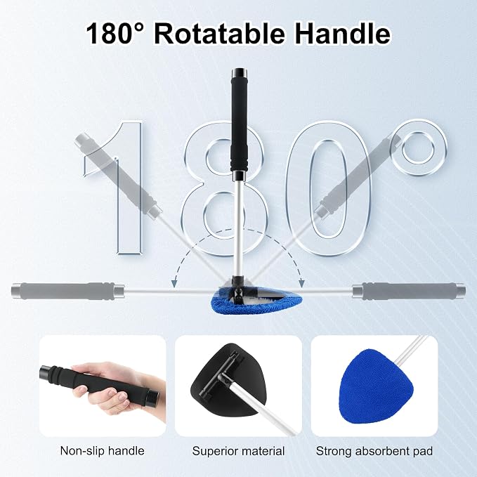 JUSTTOP Windshield Cleaner Tool, Car Interior and Exterior Window Cleaning Kit with Extendable Handle & 4 Reusable Microfiber Pads, Auto Glass Wiper Brush Kit for Car & Home Windows (Blue)
