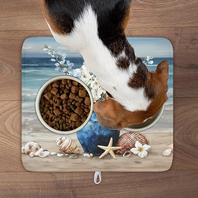 Summer Beach Dish Drying Mat for Kitchen Counter Nautical Coastal Blue Ocean Vase Floral Seashells Microfiber Dish Drainer Mat Absorbent Washable Drying Pad 16"x18"