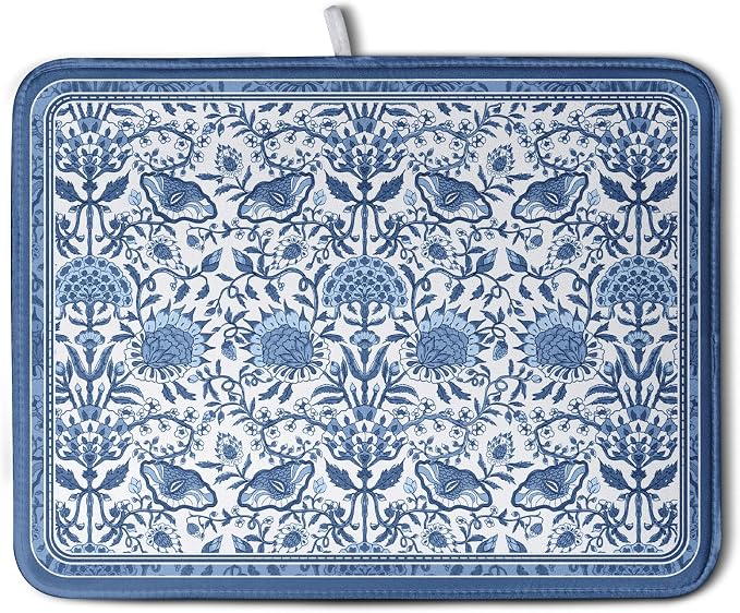 Blue Floral Dish Drying Mat for Kitchen Counter Boho Flowers Dishes Drainer Mats Rustic Farmhouse Microfiber Absorbent Dish Draining Spring Summer Reversible Dish Rack Pad Large 18x24 Inch