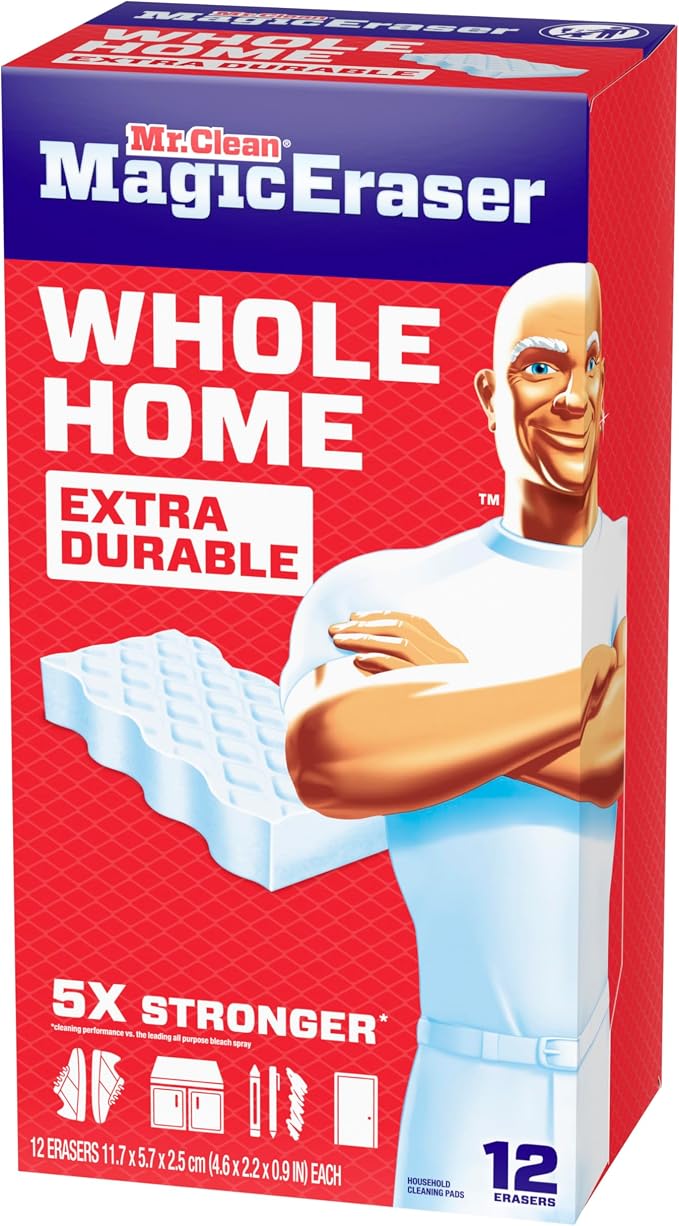 Mr. Clean Magic Eraser Sponge, All Purpose Cleaner, Cleaning Scrubber, Wall, Sneaker, Kitchen, Bathroom, Shower Cleaning Supplies, Melamine Sponge, Cleaning Pads, Whole Home Extra Durable, 12ct