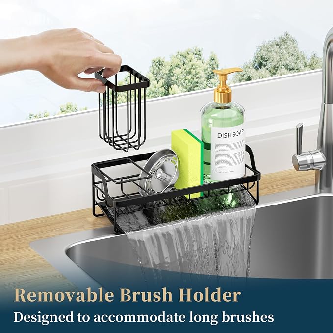 Consumest Sponge Holder for Kitchen Sink - Sink Caddy with Stainless Steel Self Drain Tray, Sink Organizer with High Brush Holder Countertop for Kitchen Sink Accessories, Black