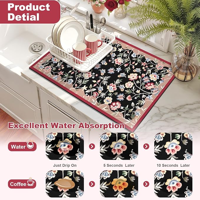 LOKHOM Floral Dish Drying Mat, 18"x24" Super Absorbent Non-slip Bordered Coffee Mat with Oil Painting Black Floral, Cuttable Hide Stain Drying Mat for Kitchen Counter Coffee Maker Espresso Machine