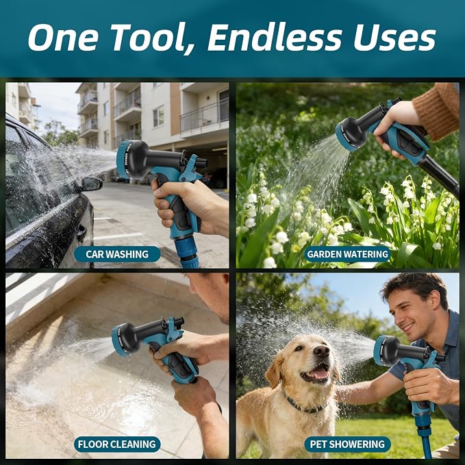 Besiter Garden Water Hose Nozzle, Water Spray Nozzle with 10 Spray Modes Suitable for Watering Plants, Iawns and Gardens, Car Washing, Cleaning, Showering Pets and Outdoor Fun, Blue