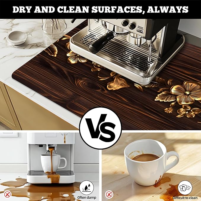 Dish Drying Mat Large Coffee Mat Absorbent Drying Mat for Kitchen Counter Coffee Bar Accessories 32"x 17", Gold Floral