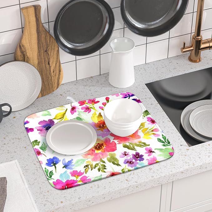 Spring Floral Dish Drying Mat for Kitchen Counter Flower Microfiber Absorbent Dish Draining Reusable Washable Foldable 16"x18"