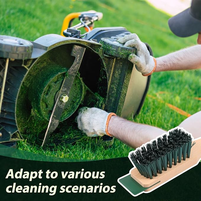 2Pcs Stiff Bristle Brush for Lawn Mower, Universal Lawn Mower Scrub Brush, Multi Surface Outdoor Cleaning Tool with Scraper and Wood Handle for Patio, Deck, Gutter, Gardening