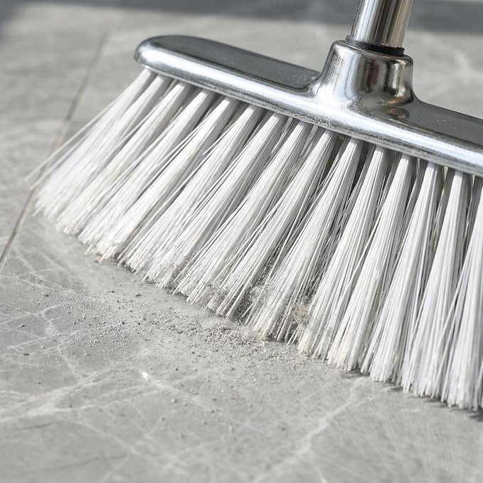 Metal Dustpan with Soft Bristles Broom Heavy Duty Stainless Steel Upright Standing Dust Pan and Broom for Sweeping Indoor Outdoor Home Kitchen Office Lobby Hardwood Floor Cleaning