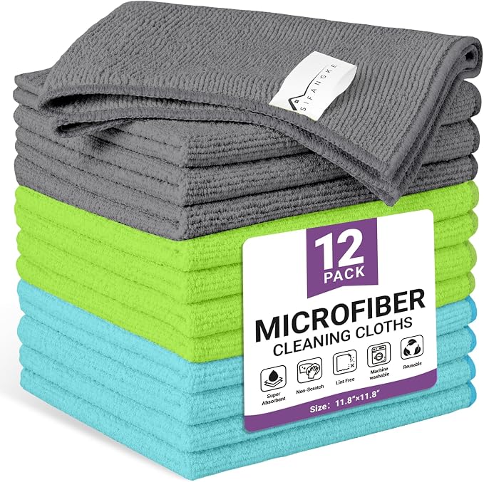 12 Pack Microfiber Cleaning Cloth, 3 Assorted Colors Cleaning Rags for Housekeeping, Colorful Reusable Microfiber Towels for Car, Kitchen, Bathroom and Household Cleaning Supplies, 11.8"X11.8"