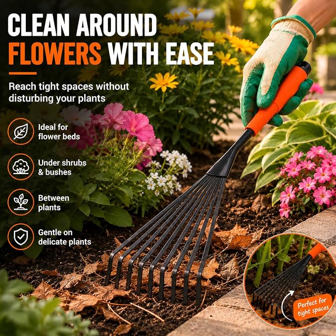 Finder Hand Rake, 15.6 Inch Gardening Hand Tool with Ergonomic Handle and Hanging Hole for Storage, Steel Garden Rake for Flower Beds, Leaves, Mulch, Soil Loosening, Tight Spaces