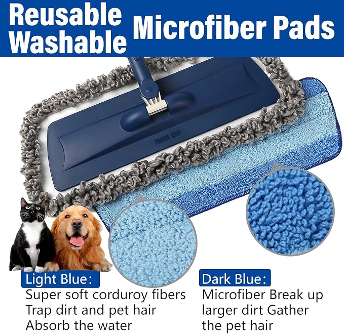 Spray Mop for Floor Cleaning, 2 Pack with Refillable Bottles & Pads | Blue combo, refillable 14 oz bottles, 6 washable microfiber pads, wet/dry use for hardwood, tile, laminate, home & commercial