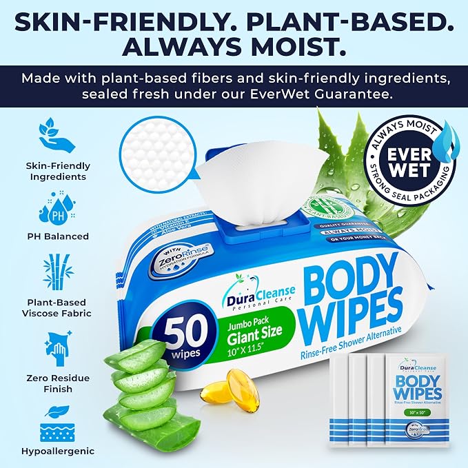 XL Body Wipes for Adults Bathing - 12 Pack, 648 No Rinse Adult Wipes for Elderly - 10 x 11.5" Extra Large, Thick & Moist Cleansing Shower Wash Cloths - Disposable Waterless Washcloths for Incontinence