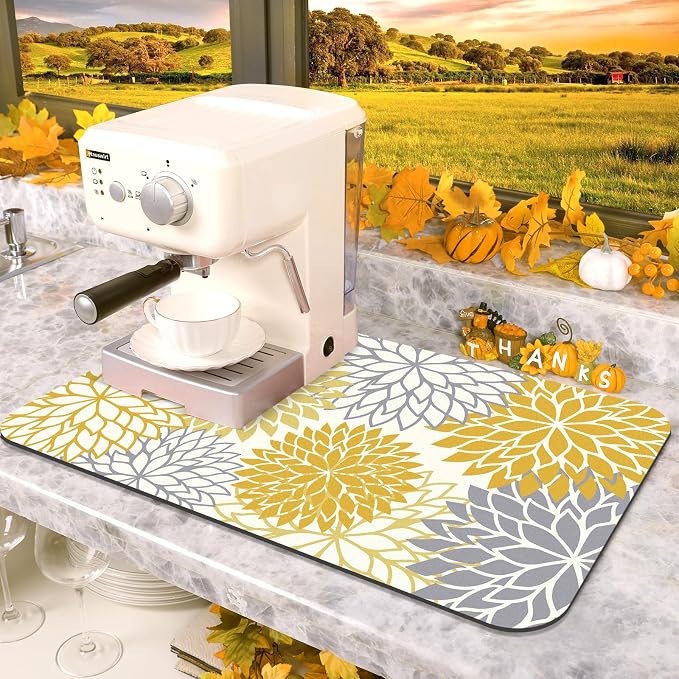 Findosom 2PCS 12" x 20" Fall Dish Drying Mat & 24" x 5.5" Sink Splash Guard, Super Absorbent & Cuttable Dish Mat Drying Kitchen Mat with Yellow Floral, Hide Stain Drying Mat for Kitchen Counter