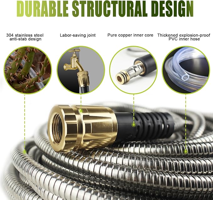 100FT Metal Garden Hose - Stainless Steel, Heavy Duty, Flexible & Lightweight, Never Kink and Tangle, with 10-Function Nozzle, Pressure Resistant for Outdoor Use (Yellow)
