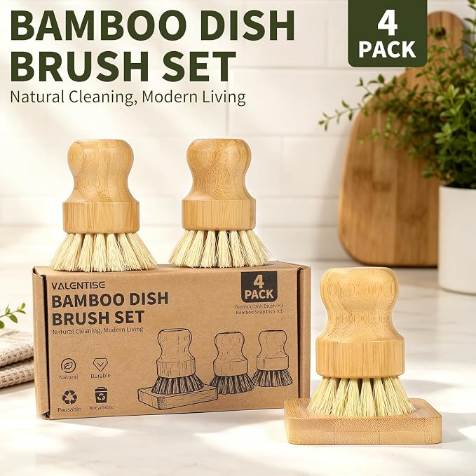 Bamboo Dish Brush Set - 3 Pcs Natural Scrub Brush with Holder, Wooden Dish Scrubber with Sisal Bristle for Cleaning Dishes, Pans and Vegetables