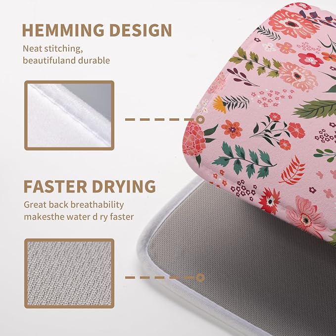 Pink Floral Dish Drying Mat for Kitchen Counter Cute Flower Print Dish Rack Mats Absorbent Microfiber Dish Draining Mat Reusable Washable Large Drainer Pad 18x24 Inch
