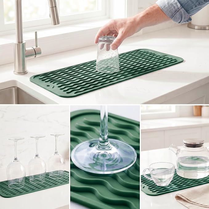 MicoYang Silicone Dish Drying Mat for Multiple Usage,Easy clean,Eco-friendly,Heat-resistant Silicone Mat for Kitchen Counter,Sink,Bar,Bottle,or Cup Green M 17 inches x 6 inches