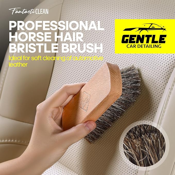 Fantasticlean Car Interior Detailing Kit, Leather Cleaner Brush Set, 9PCS | Car Interior Brush Kit, Horse Hair Leather Brush for Car Detailing, Scratch-Free Leather Cleaner Applicator, Cleaning Cloth