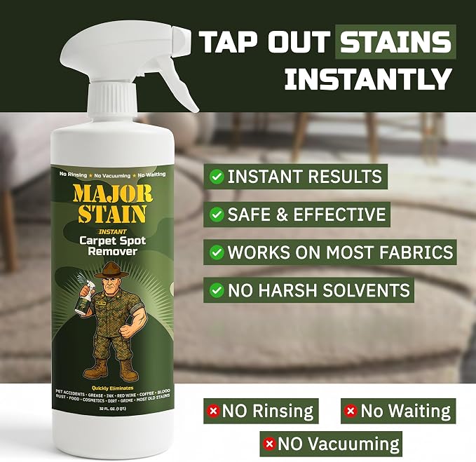 Major Stain Carpet Stain Remover Spray 32oz (2 Pack) – Powerful Cleaner & Spot Remover for Upholstery, Rugs & Fabric – Removes Wine, Coffee, Grease & Food Stains – Fragrance Free