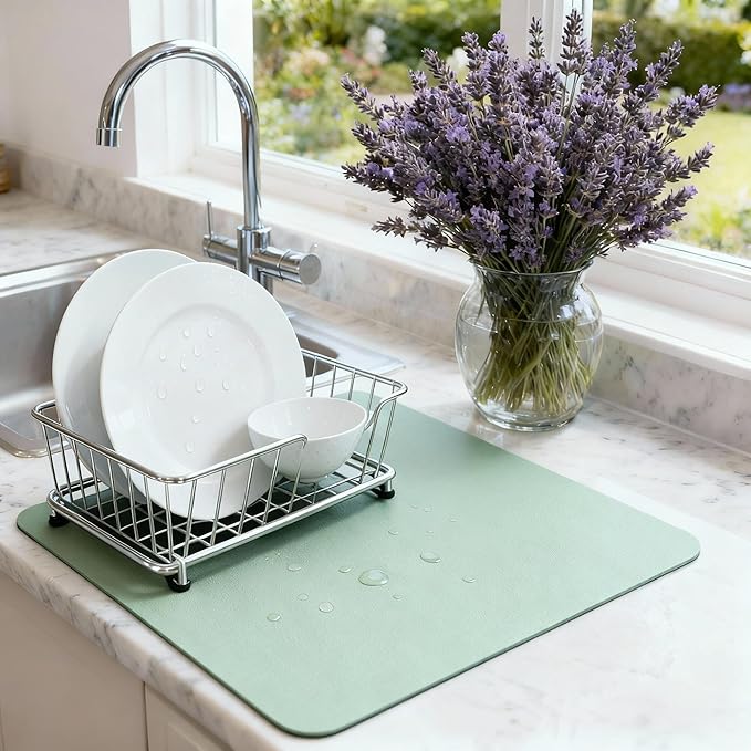Dish Drying Mat Super Absorbent – 16" x 18" Coffee Mat for Countertops – Non-Slip Drying Mat for Kitchen Counter – Easy to Clean Water Absorbent Mat – Quick Dry Dish Mats (Sage)