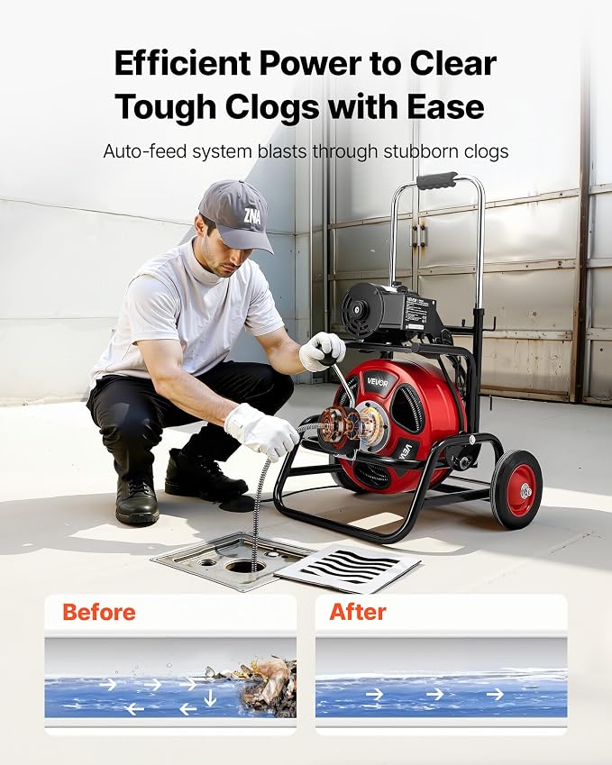 VEVOR Drain Cleaner Machine 100 FT x 3/8 Inch, Auto Feed Sewer Snake Auger, Portable Drain Cleaning Machine with Climbing Wheels, Adjustable Drum, 8 Cutters & Foot Switch for 2" to 4" Pipes