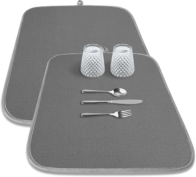 Kitsure Dish Drying Mat - 2-Pack Washable Microfiber Drying Mat for Kitchen Counter, 3-Layer Ultra Absorbent Pad with a Hanging Hook, 24" x 18", Dark Grey