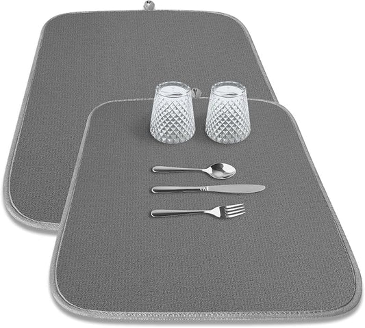 Kitsure Dish Drying Mat - 2-Pack Washable Microfiber Drying Mat for Kitchen Counter, 3-Layer Ultra Absorbent Pad with a Hanging Hook, 24" x 18", Dark Grey