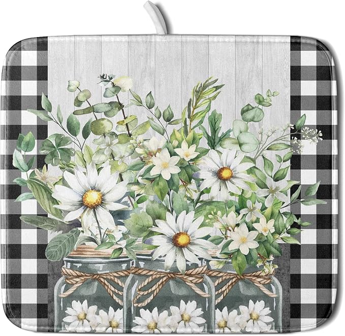Spring Summer White Daisy Flowers Dish Drying Mat for Kitchen Counter Daisy Spring Flowers Dish Drying Mat 16x18 Inch Absorbent Reversible Microfiber Protector Drainer Mat Dishes Pad for Countertops
