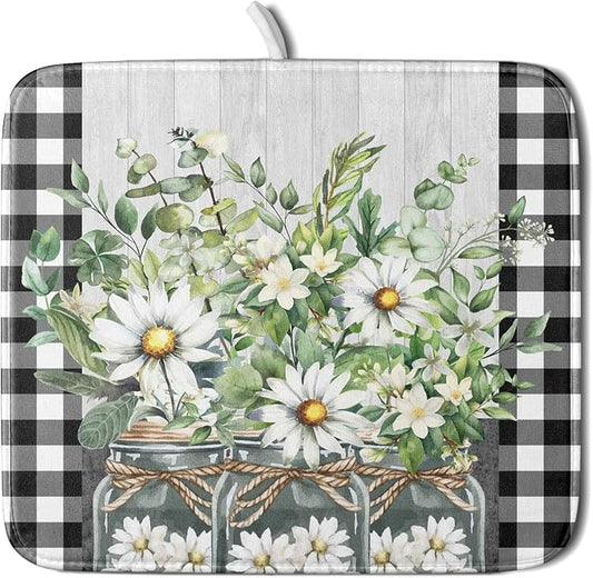 Spring Summer White Daisy Flowers Dish Drying Mat for Kitchen Counter Daisy Spring Flowers Dish Drying Mat 16x18 Inch Absorbent Reversible Microfiber Protector Drainer Mat Dishes Pad for Countertops