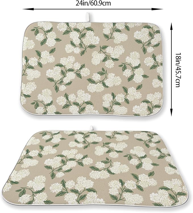 Beige Dish Drying Mat 18x24 Inch Khaki Green Vintage Floral Hydrangea Flower Drying Mat Spring Summer Seasonal Absorbent Dish Drying Pad Dish Rack Drainer Mats for Kitchen Dining Counter
