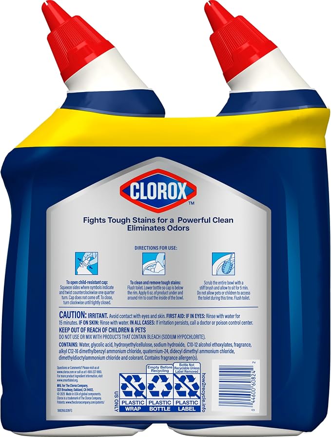 Clorox Toilet Bowl Cleaner Heavy-Duty Gel, Arctic Clean, Bleach-Free Stain Remover, Kills 99.9% of Germs, 24 oz, Pack of 2