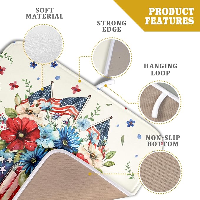 Giwawa American Patriotic Floral Dish Drying Mat Flower Vase Drainer Rack Mats 16"x18" Absorbent Microfiber Dish Dry Pad for Kitchen Counter Sink