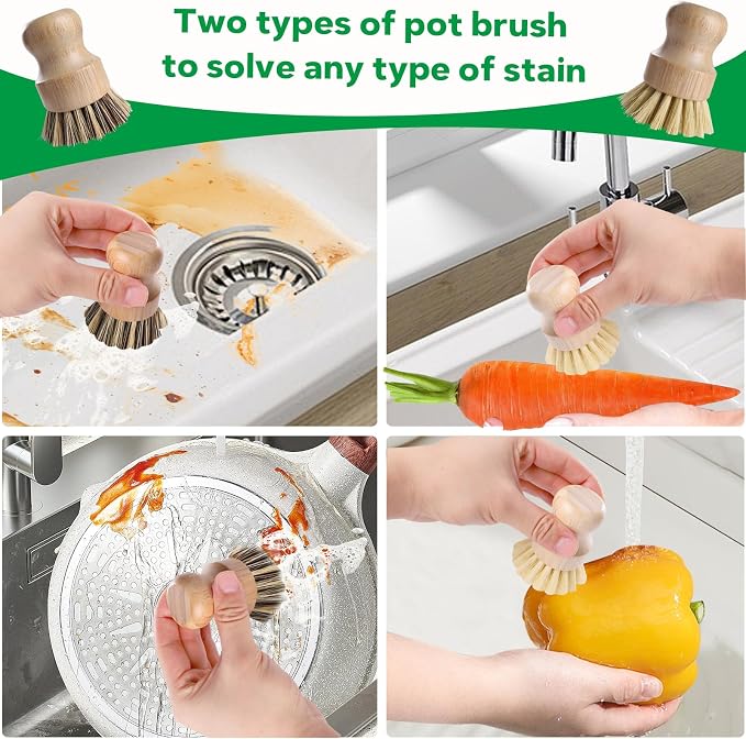Bamboo Dish Brush Set - 5 Packs Natural Wooden Kitchen Brush, 4 Dish Scrubbers with One Replacement Head, Cleaning for Pots, Bottles and Vegetables