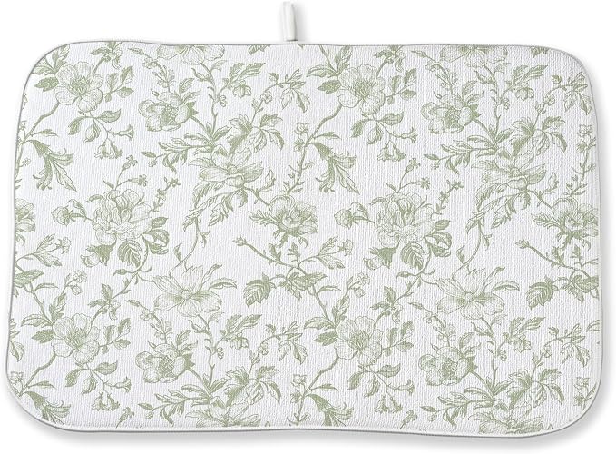 Sage Green Floral Dish Drying Mat 18 x 24 Inch Vintage Light Green Floral Drying Mat for Kitchen Counter Absorbent Spring Summer Flowers Dishes Dry Pad for Drainer Rack Kitchen Fast Dry