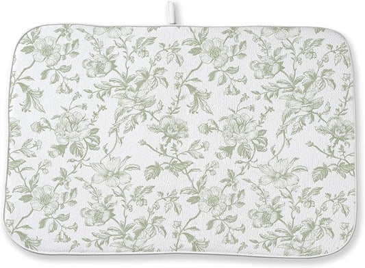 Sage Green Floral Dish Drying Mat 18 x 24 Inch Vintage Light Green Floral Drying Mat for Kitchen Counter Absorbent Spring Summer Flowers Dishes Dry Pad for Drainer Rack Kitchen Fast Dry
