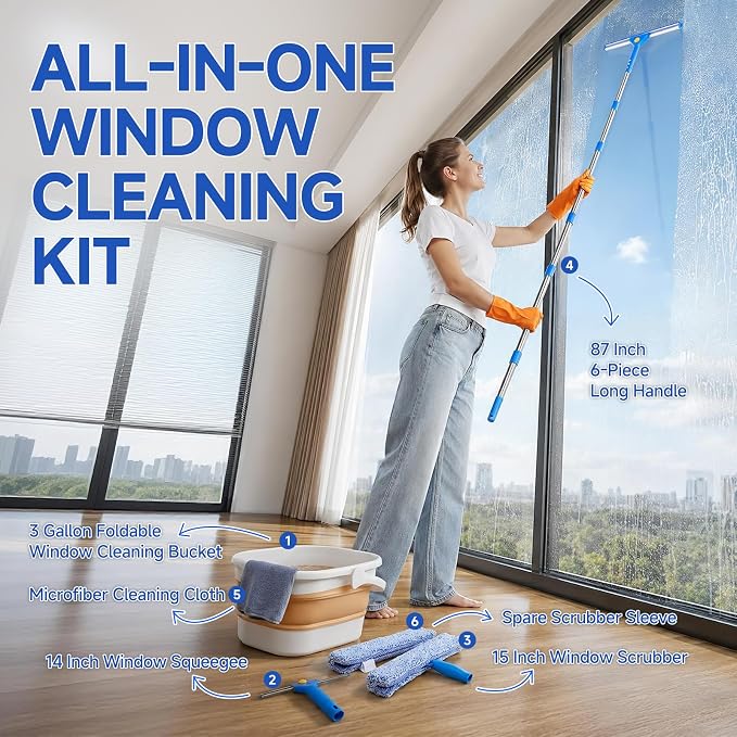 Window Cleaning Kit, 3 Gallon Foldable Bucket, 87 Inch Long Handle | Complete window washing kit with 3-gallon foldable bucket, 14-inch squeegee, 15-inch scrubber and 87-inch handle