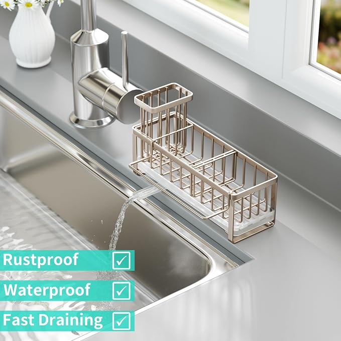 HapiRm Sponge Holder for Kitchen Sink - Self-draining Sink Caddy with Brush Holder and Dishcloth Holder, Stainless Steel Kitchen Organizer for Countertop - Brushed Nickel