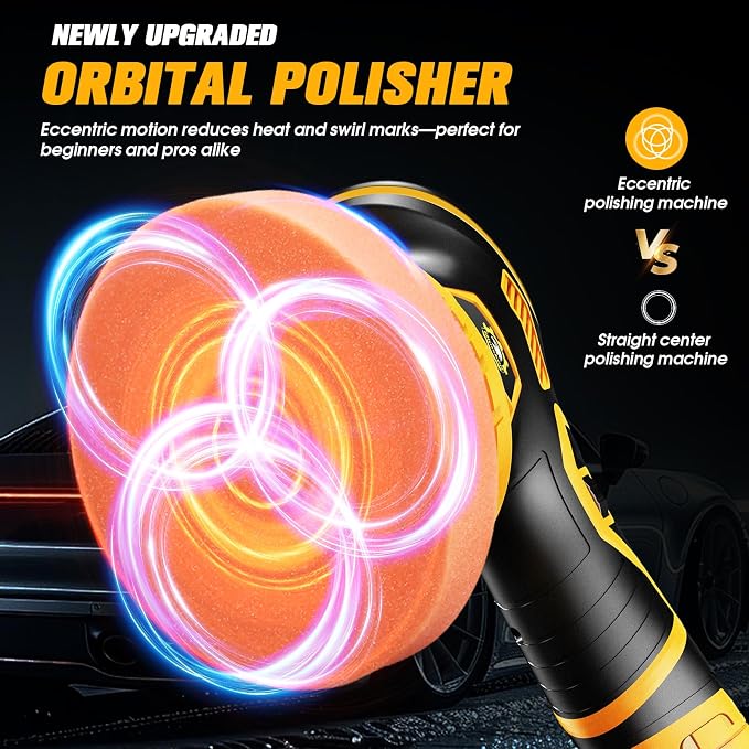 Cordless Car Buffer Polisher kit, DA Polisher with 2*21V Batteries | 2x 21V 2000mAh Batteries, 6-speed, LED Display, Random Orbital, 18 pcs Assorted Polishing Pads for Car Detailing-Yellow