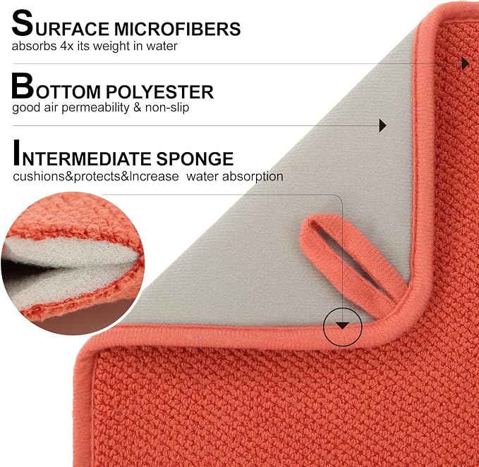 2 Pack Microfiber Dish Drying Mat for Kitchen Counter,Ultra Absorbent Dish Drainer Mat ,Dish Drying Pad , Dish Rack Mat 20×15 Inch (Red)