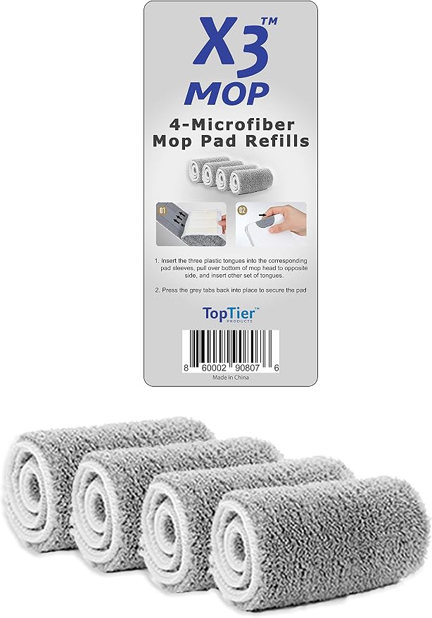 X3 Mop Replacement Microfiber Cleaning Pads, 4 Pack of Reusable Flat Mop Heads (Pads fit Original X3 Mop Only)