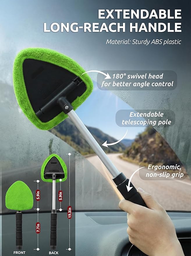 TAKAVU Window & Windshield Cleaner, Extendable, 3 Microfiber Pads (Green) | Pivoting Triangle Head Wiper Cleans Interior & Exterior Glass, 3 Washable Reusable Bonnets, Lint-Free