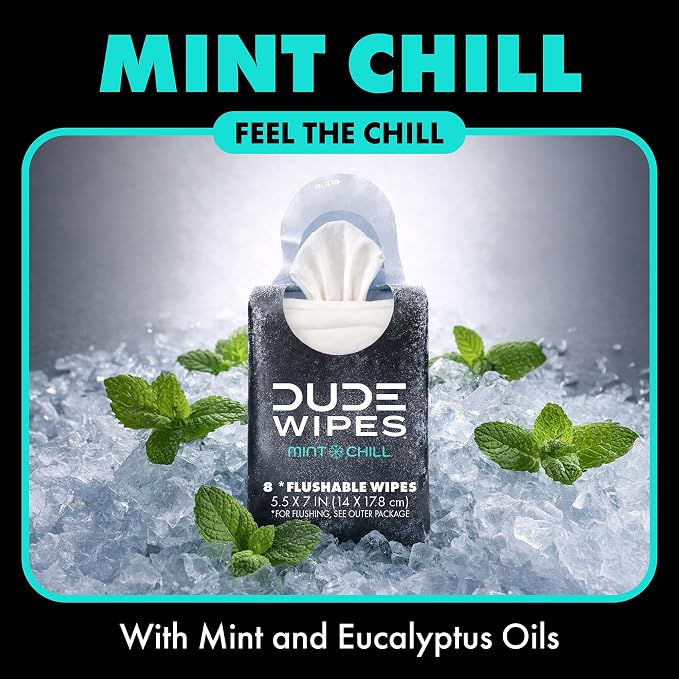 DUDE Wipes Mint Chill Pocket Packs - Travel Wipes - 6 Packs of 8 (48 Count) - On-The-Go Adult Flushable Wipes - Infused with Tea Tree Oil, Vitamin E, and Aloe - Septic and Sewer Safe