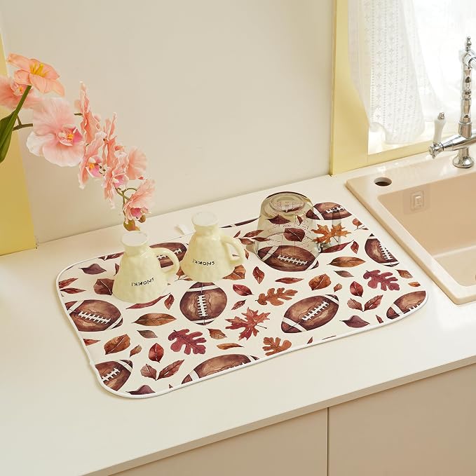 Fall Dish Drying Mats 18x24 Inches for Kitchen Counter Orange Football Maple leaves Fall Kitchen Decorations Drying Mats Autumn Thanksgiving Mat Drying Pad for Kitchen Dining Room Decor