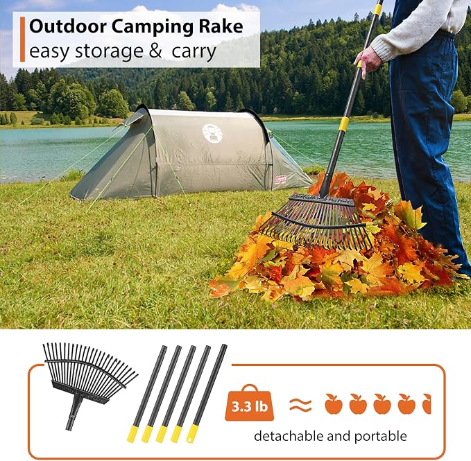Rake, Gardening Rakes for Leaves Lawns Heavy Duty, 79 in Leaf Rake with 25 Clog-Free Tines, 18.5” Wide Large Head, Metal Garden Tools for Yard Quick Cleanup Garss, Debris, Detachable for Camping