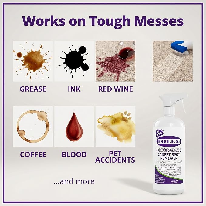 FOLEX - Professional Carpet Cleaner Spray 34 oz - Pet Stain Removal - Instant Stain Removal - No Rinsing Required - Safe for Pets - Works on All Fabrics