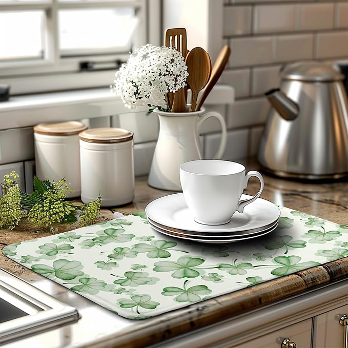 Green Clover Kitchen Drying Mat St Patrick's Day Lucky Shamrock Dish Drying Mats Spring Sage Green Dishes Dry Mat Microfiber Washable Large Dish Pad Super Absorbent Dish Drainer Rack Mat 18x24 Inch