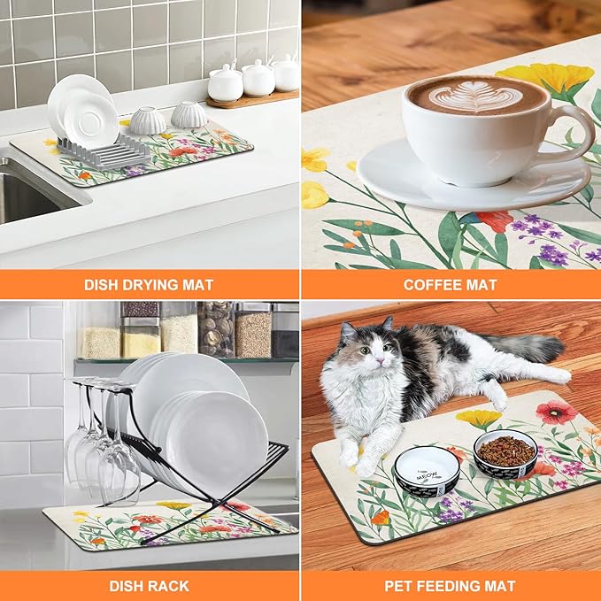 LOKHOM Dish Drying Mat for Kitchen Counter, 12"x20" Absorbent Coffee Bar Mat with Spring Floral, Dish Drainer Rack Mat for Kitchen Counter Coffee Maker, Dining Room Decoration